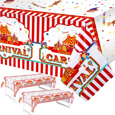 3 Pack Carnival Party Tablecloths Decorations Red and White Striped Tablecloth 108 x 54 Inch Plastic Waterproof Carnival Table Cover for Circus Theme Party Table Decorations