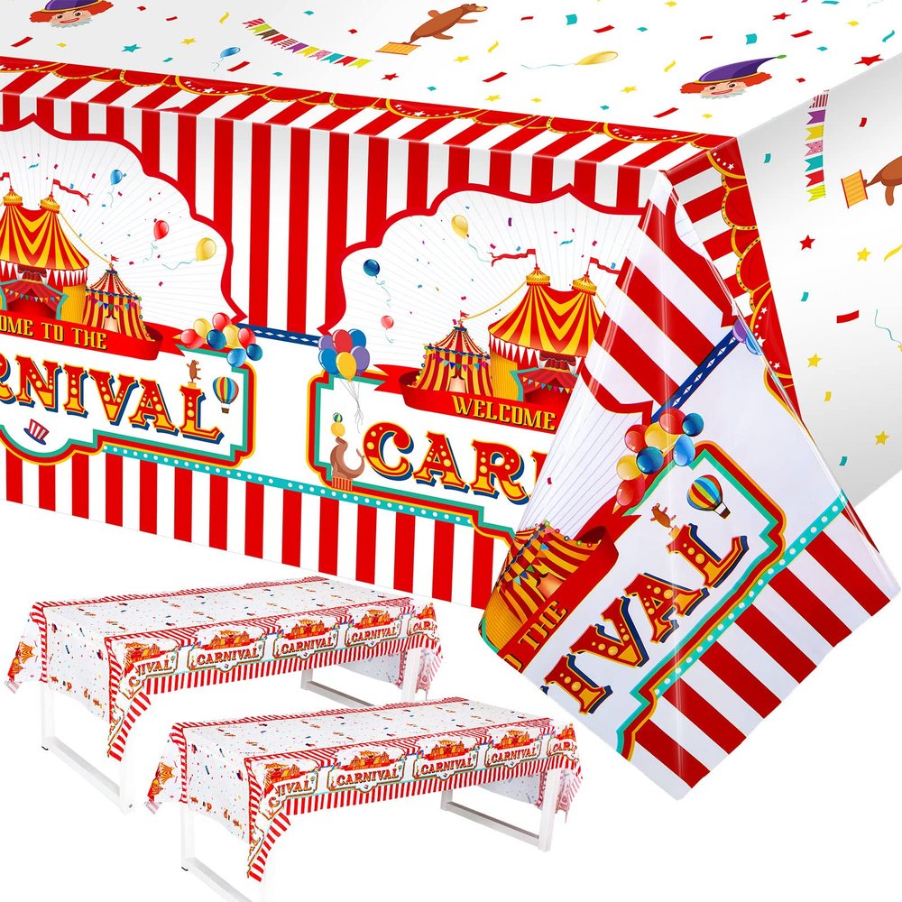 3 Pack Carnival Party Tablecloths Decorations Red and White Striped Tablecloth 108 x 54 Inch Plastic Waterproof Carnival Table Cover for Circus Theme Party Table Decorations