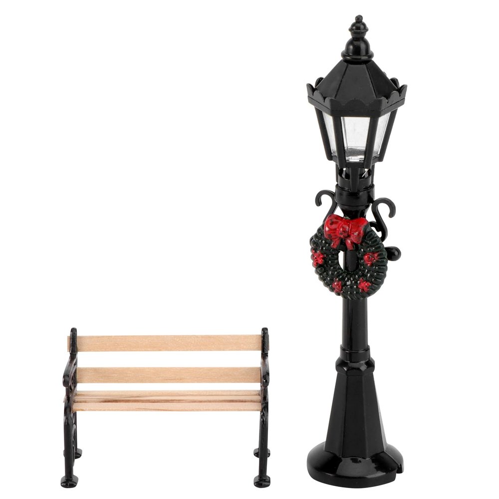 Christmas Mini Bench Street Light Set 2pcs Christmas Dollhouse Mini Model with Street Lamp Post Miniature Park Bench Seat