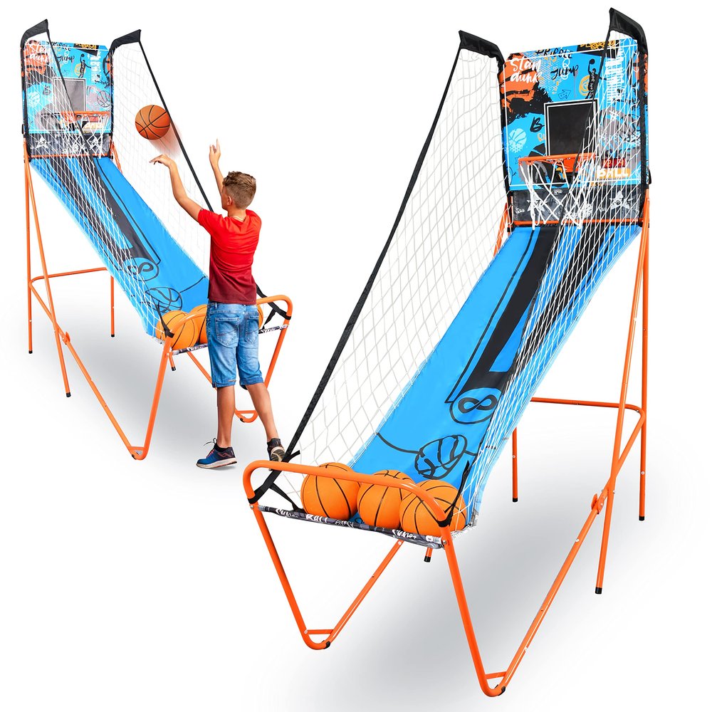 SereneLife Single Hoop Basketball Shootout Indoor Home Arcade Room Game with Electronic LED Digital Basket Ball Shot Scoreboard&Play Timer Fold-up Court Shooting Sports for Adults Player, Blue