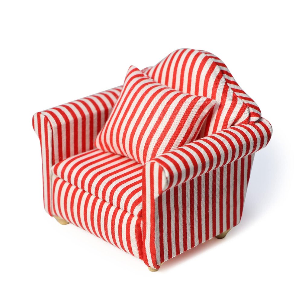 Dollhouse Couch with Pillow 1 12 Scale Miniature Sofa Arm Chair Living Room Furniture Wooden Fabric Frame Single Reading Chair Artificial House Room Scene Decoration (Stripe)