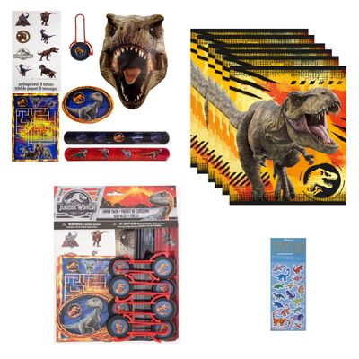 Unique Jurassic Dinosaur Party Supplies Bundle Pack Includes 8 Plastic Loot Bags, 48 Pc Favor Pack Includes 8 Sticker Sheets, 8 Tattoos, 8 Aactivity Sheets, 8 Slap Bracelets, 8 Masks, 8 Disc Shooters