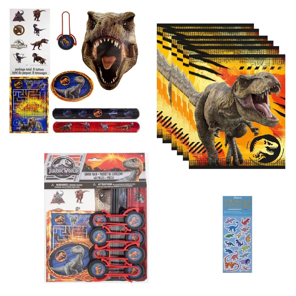 Unique Jurassic Dinosaur Party Supplies Bundle Pack Includes 8 Plastic Loot Bags, 48 Pc Favor Pack Includes 8 Sticker Sheets, 8 Tattoos, 8 Aactivity Sheets, 8 Slap Bracelets, 8 Masks, 8 Disc Shooters