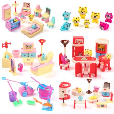 59 Pcs Furniture Accessories Sets Living Room Dining Room Bedroom Bathroom Miniature Furniture House Plastic Pretend Housework Cleaning Gifts Play