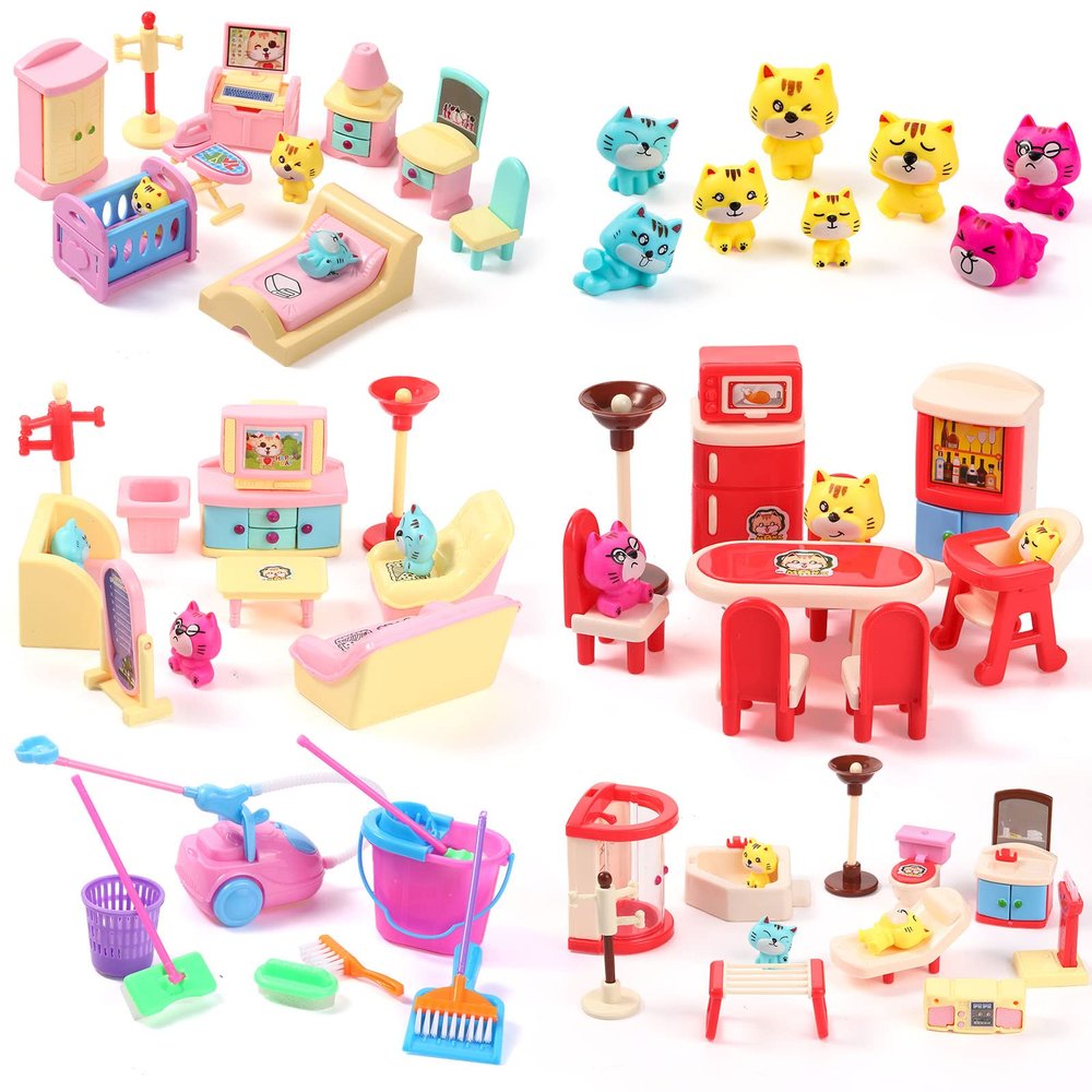 59 Pcs Furniture Accessories Sets Living Room Dining Room Bedroom Bathroom Miniature Furniture House Plastic Pretend Housework Cleaning Gifts Play