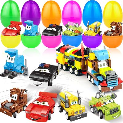 12 Pack 3" Large Filled Easter Eggs with Stem Toy Cars Kids Easter Basket Essential Plastic Surprise Egg Building Blocks 6 in 1 Transform Construction Vehicle Basket Stuffers Boy Egg Hunt Party Favor