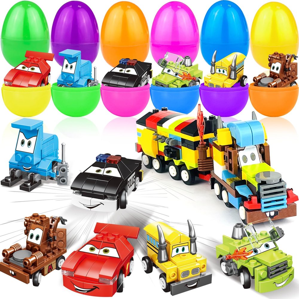 12 Pack 3" Large Filled Easter Eggs with Stem Toy Cars Kids Easter Basket Essential Plastic Surprise Egg Building Blocks 6 in 1 Transform Construction Vehicle Basket Stuffers Boy Egg Hunt Party Favor