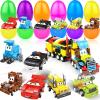 12 Pack 3" Large Filled Easter Eggs with Stem Toy Cars Kids Easter Basket Essential Plastic Surprise Egg Building Blocks 6 in 1 Transform Construction Vehicle Basket Stuffers Boy Egg Hunt Party Favor view 1