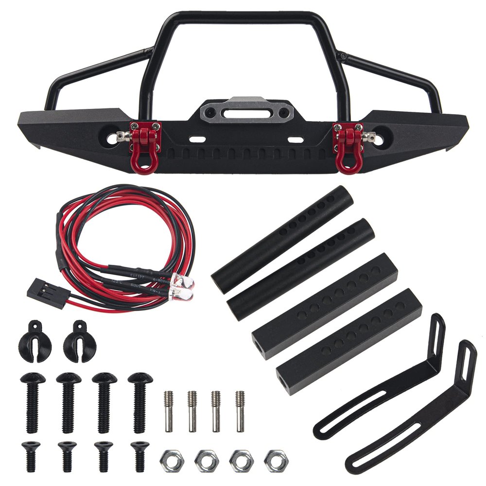 Vgoohobby Aluminum Front Bumper with LED Headlights Winch Mount Seat Tow Hook Compatible with Axial SCX10 SCX10II 90046 Traxxas TRX-4 TRX4 1/10 RC Crawler Car