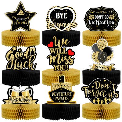 9 Pcs Farewell Party Decorations Going Away Party Decorations We Will Miss You Table Honeycomb Centerpieces Black and Gold 3D Table Centerpiece for Retirement Graduation Supplies