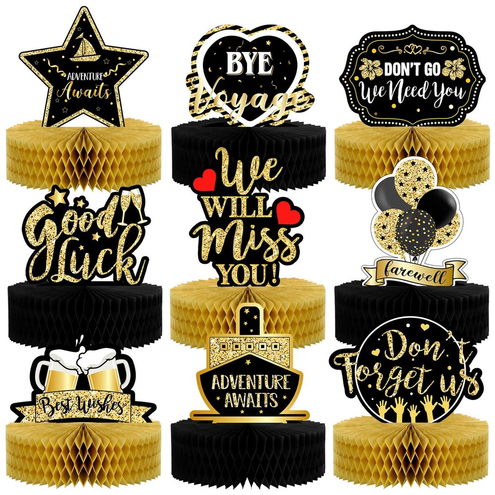9 Pcs Farewell Party Decorations Going Away Party Decorations We Will Miss You Table Honeycomb Centerpieces Black and Gold 3D Table Centerpiece for Retirement Graduation Supplies