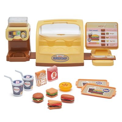 Pretend Play Burger Shop with Menu Toy Set, Kids Kitchen Playset Play Food Retro Diner Stand for Kids - Toddler Kitchen Playset Accessories Toy with Juice Drink Machines, Hamburger Fastfood- 25 PCS