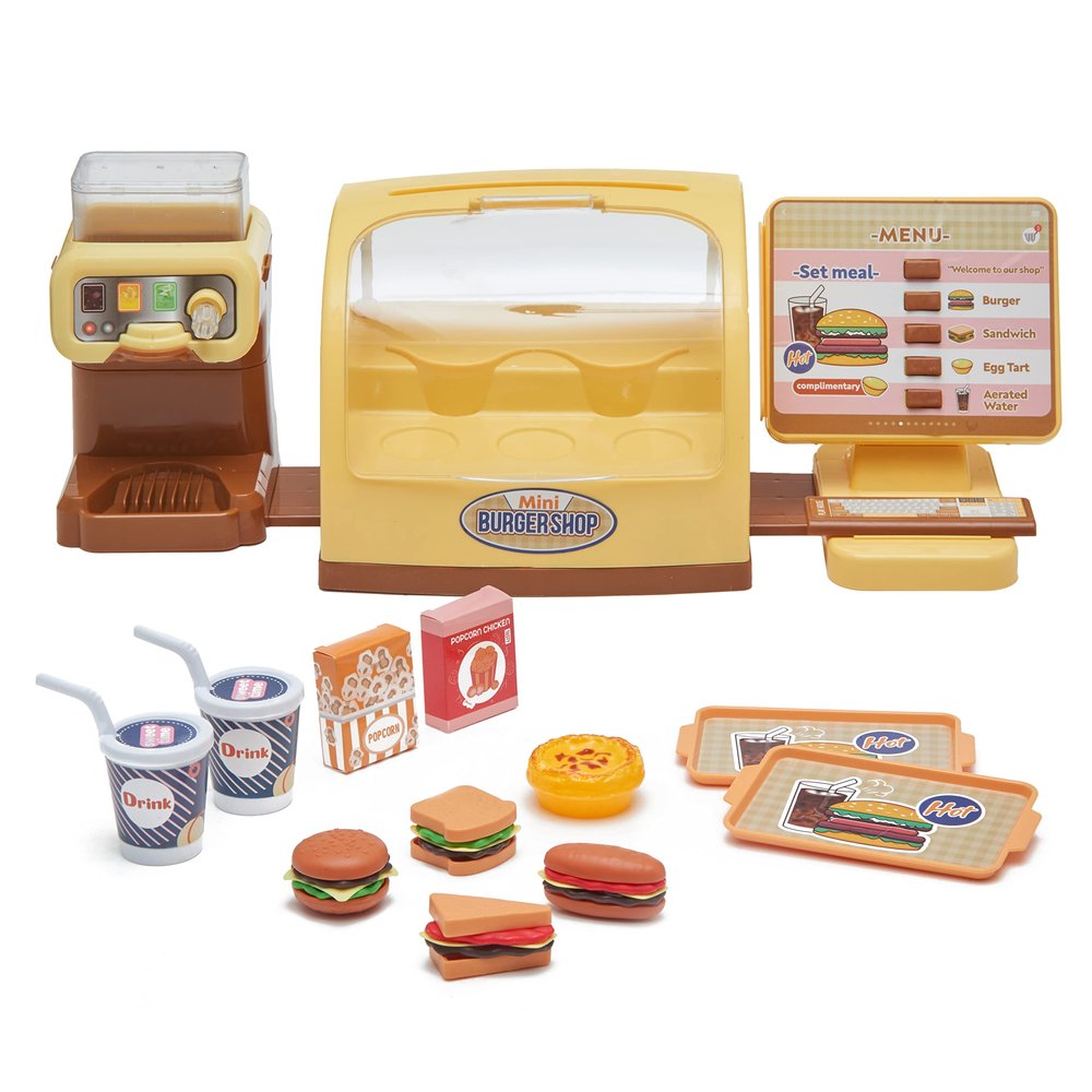 Pretend Play Burger Shop with Menu Toy Set, Kids Kitchen Playset Play Food Retro Diner Stand for Kids - Toddler Kitchen Playset Accessories Toy with Juice Drink Machines, Hamburger Fastfood- 25 PCS