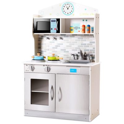 HONEY JOY Kids Kitchen Playset, Pretend Play Kitchen for Toddlers, Removable Sink & Faucet, Microwave, Cookware, Storage Cabinet, Wooden Little Chef Toy Kitchen Set, Gift for Boys Girls 3+, Gray