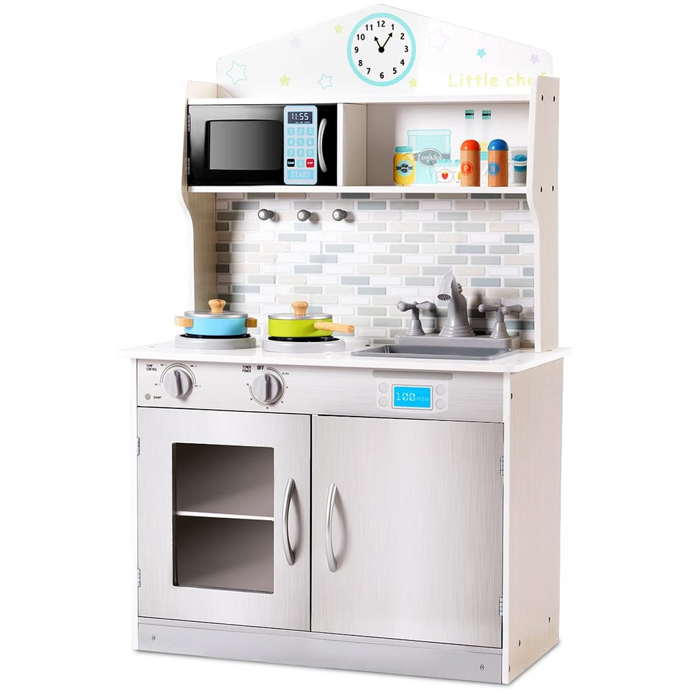 HONEY JOY Kids Kitchen Playset, Pretend Play Kitchen for Toddlers, Removable Sink & Faucet, Microwave, Cookware, Storage Cabinet, Wooden Little Chef Toy Kitchen Set, Gift for Boys Girls 3+, Gray