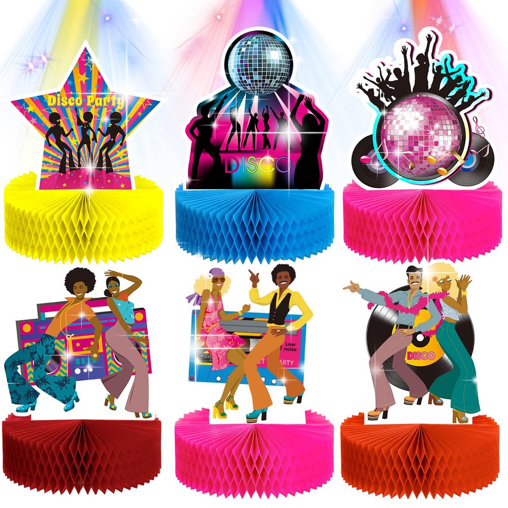 6 Pcs 70s Disco Honeycomb Centerpieces Paper 80s 90s Theme Party Supplies Decorations for 70's Boogie 1970s Birthday Hippie Party Favors Birthday Hip Hop Props