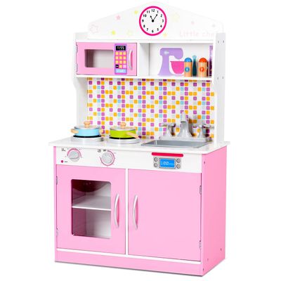 HONEY JOY Pink Kids Kitchen Playset, Pretend Play Kitchen for Toddlers, Removable Sink & Faucet, Microwave, Cookware, Storage Cabinet, Wooden Little Chef Toy Kitchen Set, Gift for Boys Girls 3+, Pink