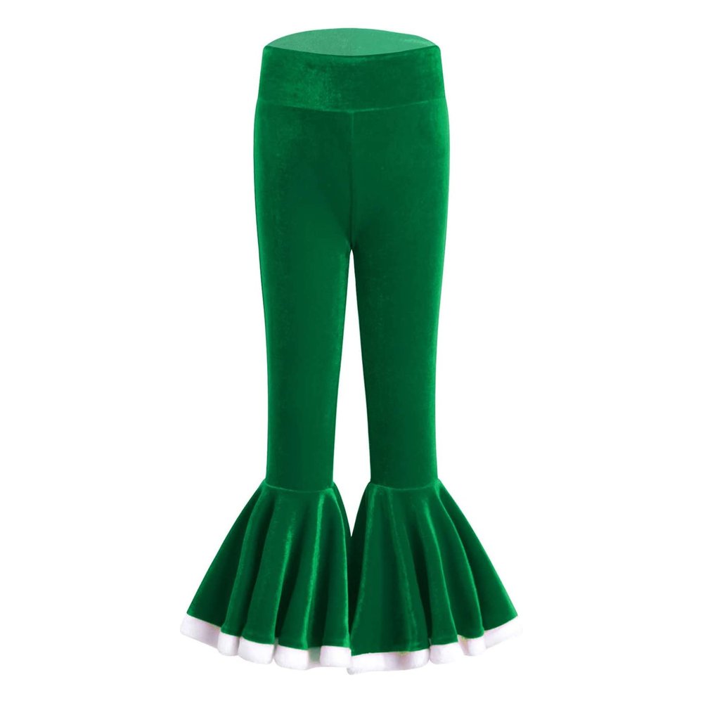 ACSUSS Kids Girls Christmas Ruffle Leggings Velvet Bell Bottoms Flare Pants Santa Costume Green 6 Years