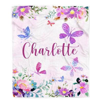 CenturyTee Personalized Baby Blanket Custom with Name for Girl Butterfly Purle Flower Kid Daughter Granddaughter Niece Birthday Customized Christmas Fleece Blanket (60 x 80 in Adult Size)