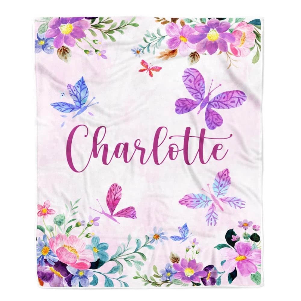 CenturyTee Personalized Baby Blanket Custom with Name for Girl Butterfly Purle Flower Kid Daughter Granddaughter Niece Birthday Customized Christmas Fleece Blanket (60 x 80 in Adult Size)