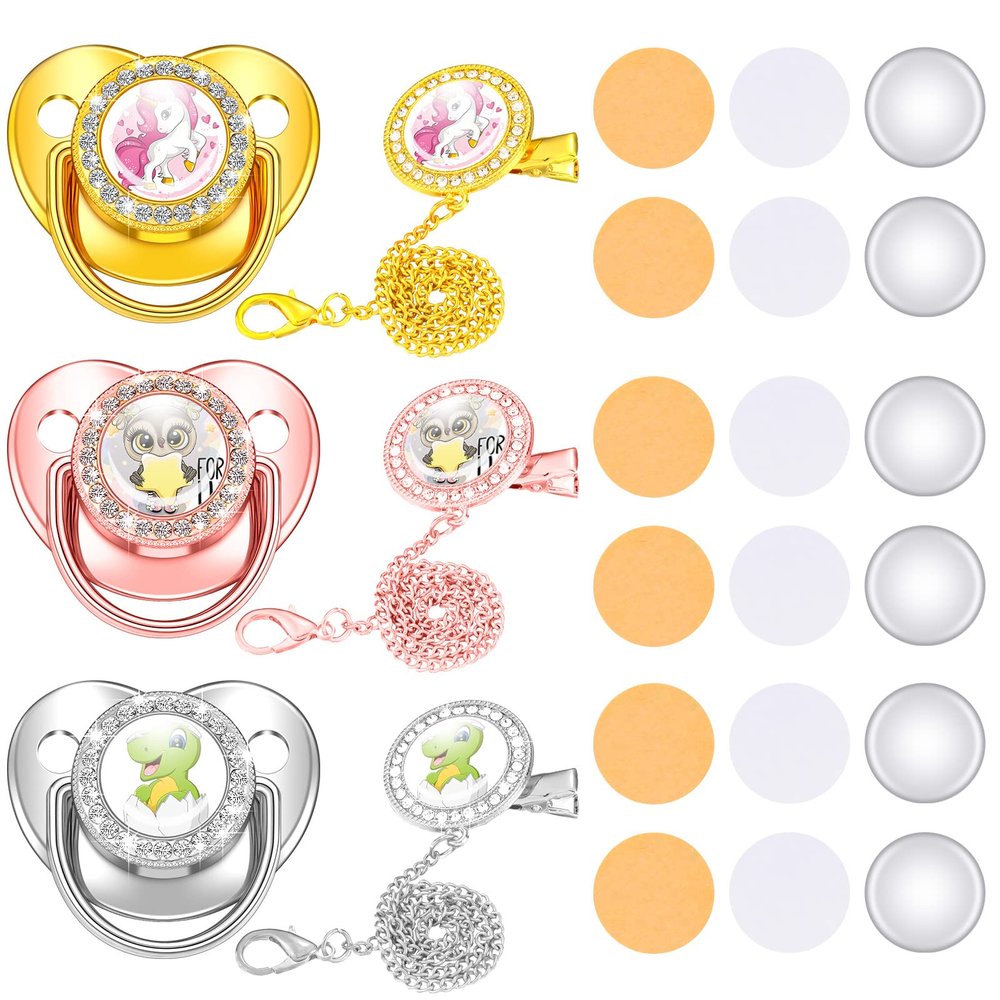 3 Pieces Sublimation Pacifier Set Name Custom Baby Bling Pacifier Clip Glitter Personalized Artificial Crystal Decoration for Girl Boys Baby with Blanks