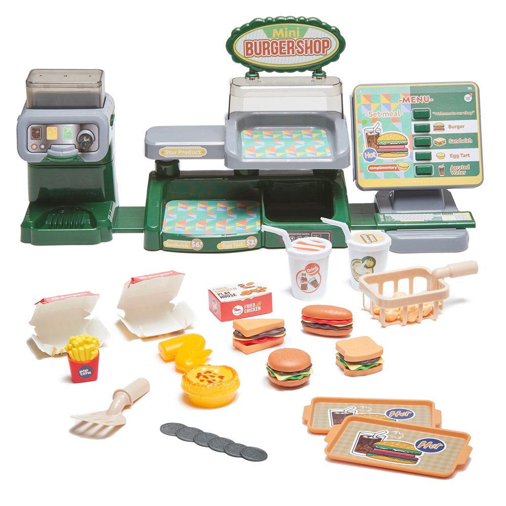 Pretend Play Burger Shop with Menu Toy Set, Kids Kitchen Playset Play Food Retro Diner Stand for Kids - Toddler Kitchen Playset Accessories Toy with Juice Drink Machines, Hamburger Fastfood- 25 PCS