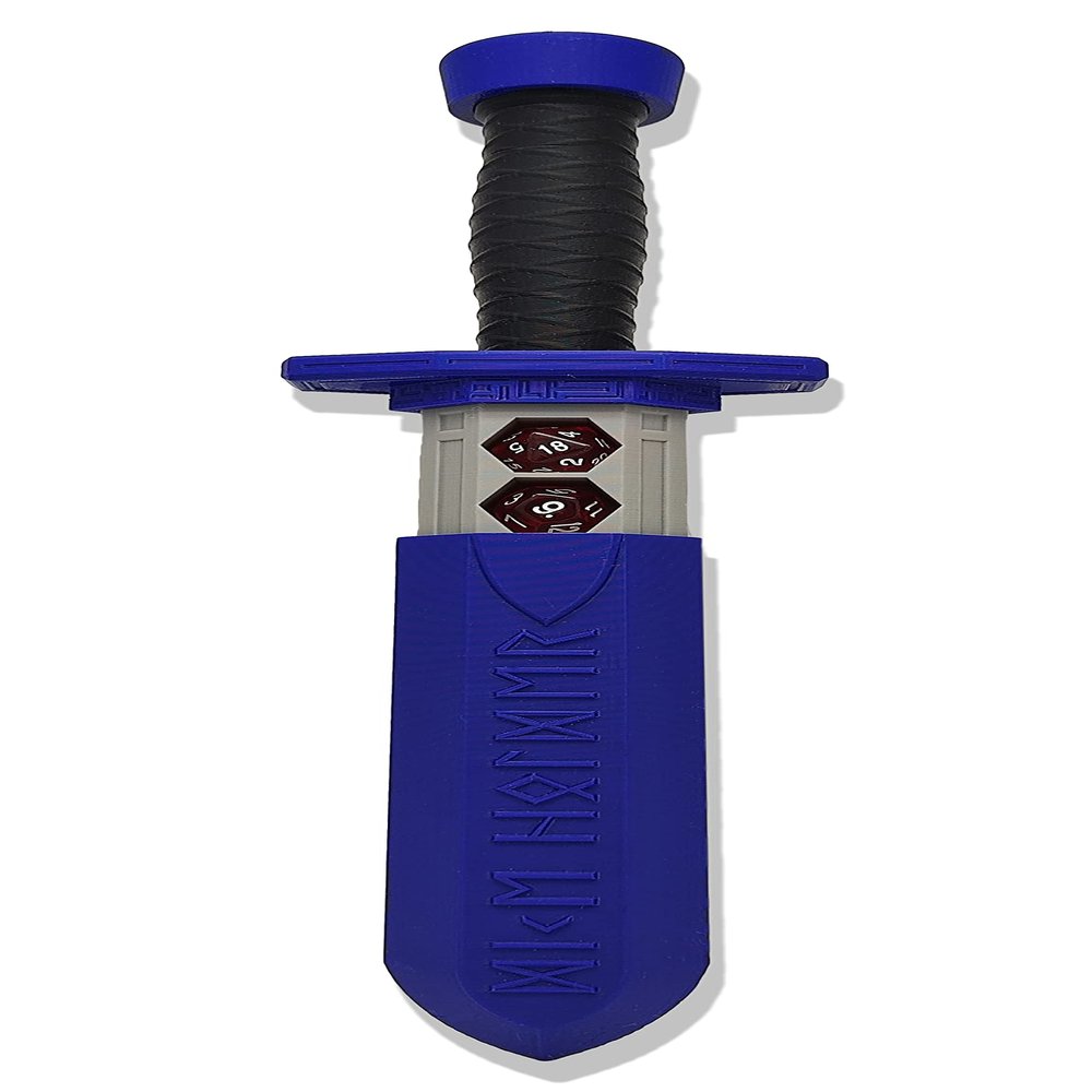 MunnyGrubbers - Sword Dagger Dice Holder - (Random 7PCS D20 Dice Set Included) - Custom Polyhedral Dice Storage for Tabletop RPG - Dungeons and Dragons - DND - D&D (Dark Blue)
