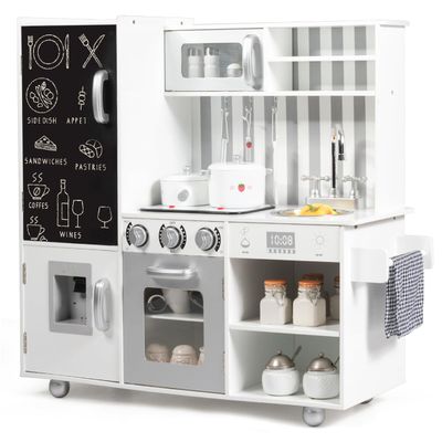 GLACER Play Kitchen, Wooden Toy Kitchen w/Realistic Lights & Sound, Chalkboard, Water Dispenser, Stove, Fringe, Pot & Pan, Kids Kitchen Playset for Toddlers Age 3+, Gifts for Boys & Girls