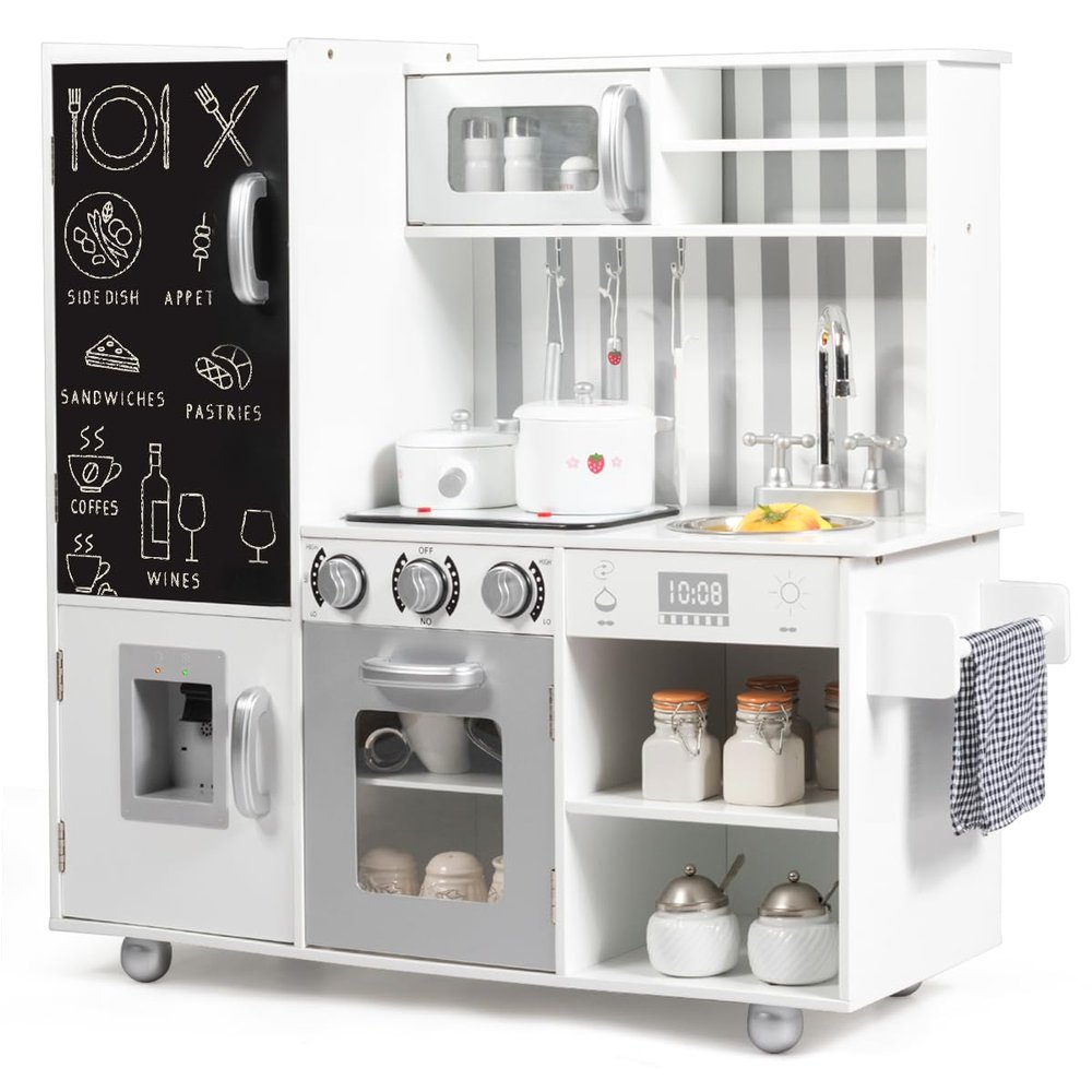 GLACER Play Kitchen, Wooden Toy Kitchen w/Realistic Lights & Sound, Chalkboard, Water Dispenser, Stove, Fringe, Pot & Pan, Kids Kitchen Playset for Toddlers Age 3+, Gifts for Boys & Girls