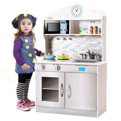 GLACER Kids Kitchen Playset, Wooden Pretend Cooking Set w/Removable Sink, Food & Cookware Accessories, Top Display Shelf, Play Kitchen Toy Set, Realistic Cooking for Toddlers (Silver)