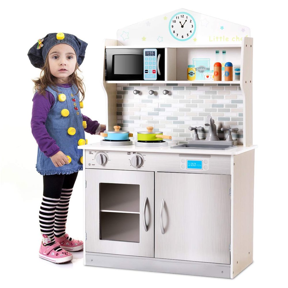 GLACER Kids Kitchen Playset, Wooden Pretend Cooking Set w/Removable Sink, Food & Cookware Accessories, Top Display Shelf, Play Kitchen Toy Set, Realistic Cooking for Toddlers (Silver)