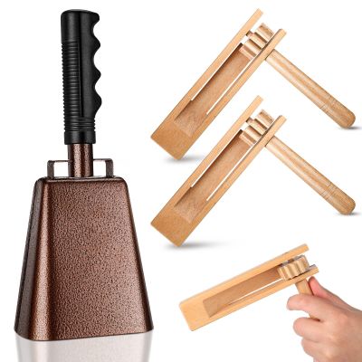 Nuanchu 10 Inch Cowbell Noise Makers for Sport Event Steel Cowbell with Handle and 2 Pcs Wooden Spinning Rattle Ratchet Matraca Cheer Bell Alarm for Football Game Musical Percussion Instruments(Brown)
