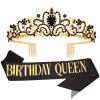 COCIDE "Birthday Queen" Sash and Crystal Tiara Set Tiara and Crowns for Women Birthday Gift for Girl Kit Decorations Set Rhinestone Hair Accessories Glitter Stain Silk Sash for Party (A Black) view 1