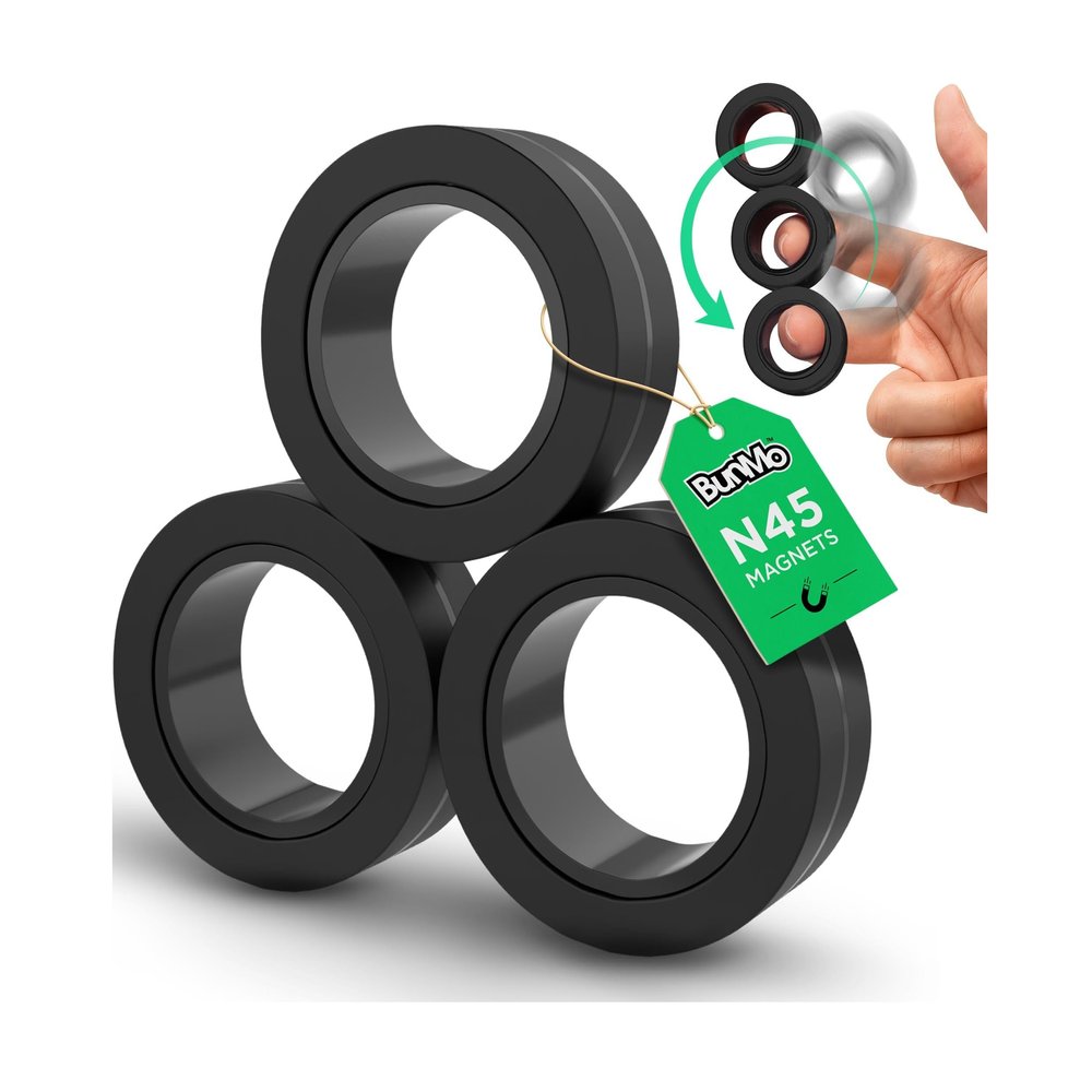 BunMo Magnetic Rings Black  Improved N45 Grade Magnets, BPA-Free, Compact & Quiet Fidget Toy for Adults & Teens, Portable Handheld Toy for Office, School, & Travel