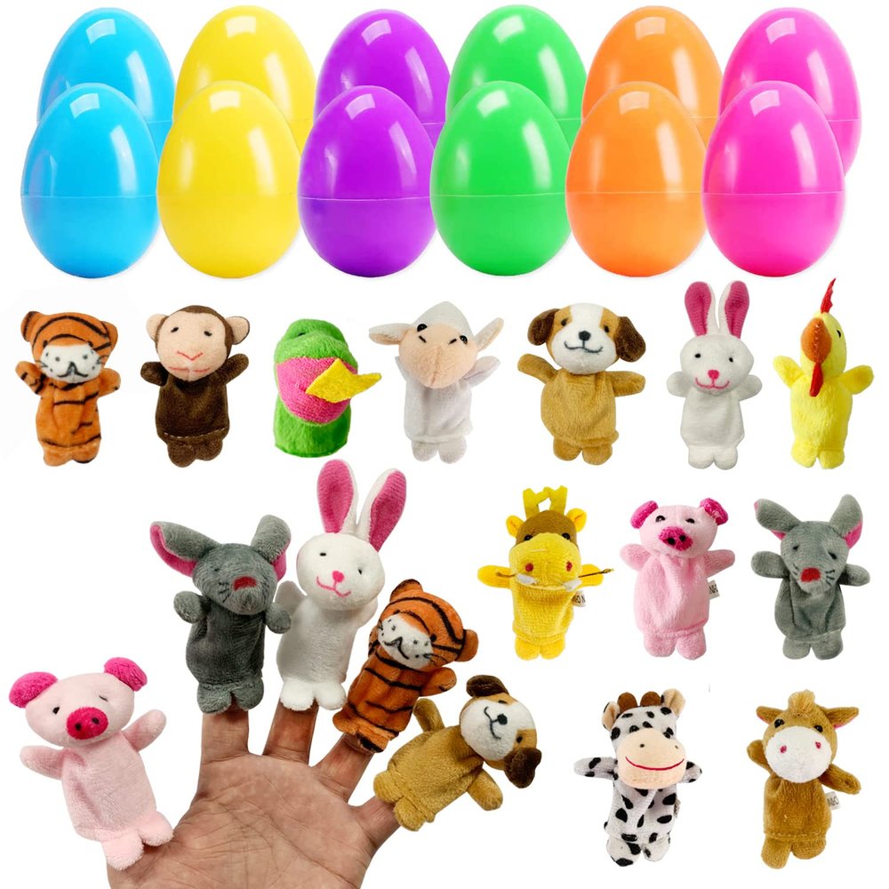 12 Pack Easter Eggs Filled with Animal Finger Puppets, Easter Basket Stuffers Surprise Easter Gifts Prefilled Mini Finger Plush Toys Hunt Party Favors for Kids