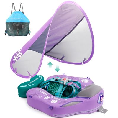Mambobaby Float Upgrade Add Tail Baby Float with Canopy for Infant Waist Swimming Ring Swim Trainer Non-Inflatable Floats Toys with Adjustable Safety Strap (Purple Mermaid)