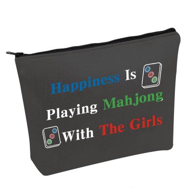 JXGZSO Mahjong Makeup Bag Happiness is Playing Mahjong Board Game Bag for Lucky Mahjong Player Mahjong Lover
