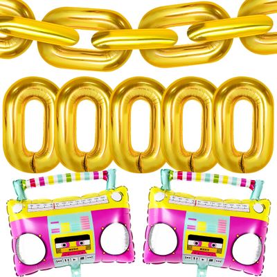 KatchOn, Gold Chain Balloons with Boombox Balloons - 40 Inch, Pack of 14 | Gold Chain link Balloons for 90s Party Decorations | Boom Box Balloons for Roller Skate Party Decorations | 90s Balloons