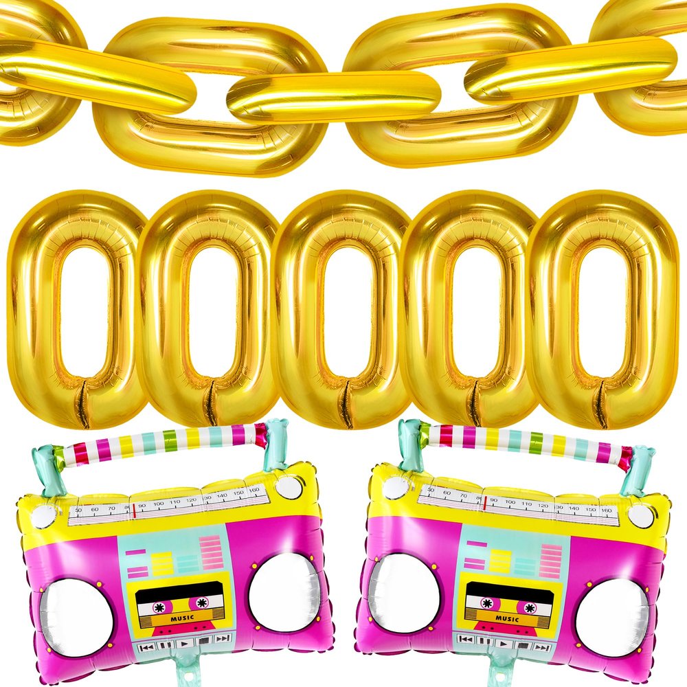 KatchOn, Gold Chain Balloons with Boombox Balloons - 40 Inch, Pack of 14 | Gold Chain link Balloons for 90s Party Decorations | Boom Box Balloons for Roller Skate Party Decorations | 90s Balloons