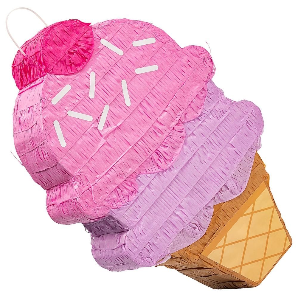 Fun Express Large Ice Cream Pinata for Birthday Party - Premium Double Scoop Design 20" Tall | Pull String or Traditional Style for Kids & Adults | Sweet Themed Decorations