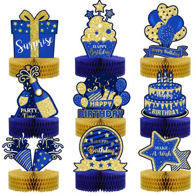 9 Pieces Blue Gold Birthday Table Decorations Happy Birthday Honeycomb Centerpieces Glitter Table Toppers, Blue and Gold Party Decorations for Kids Baby Shower, Men and Woman Party Supplies