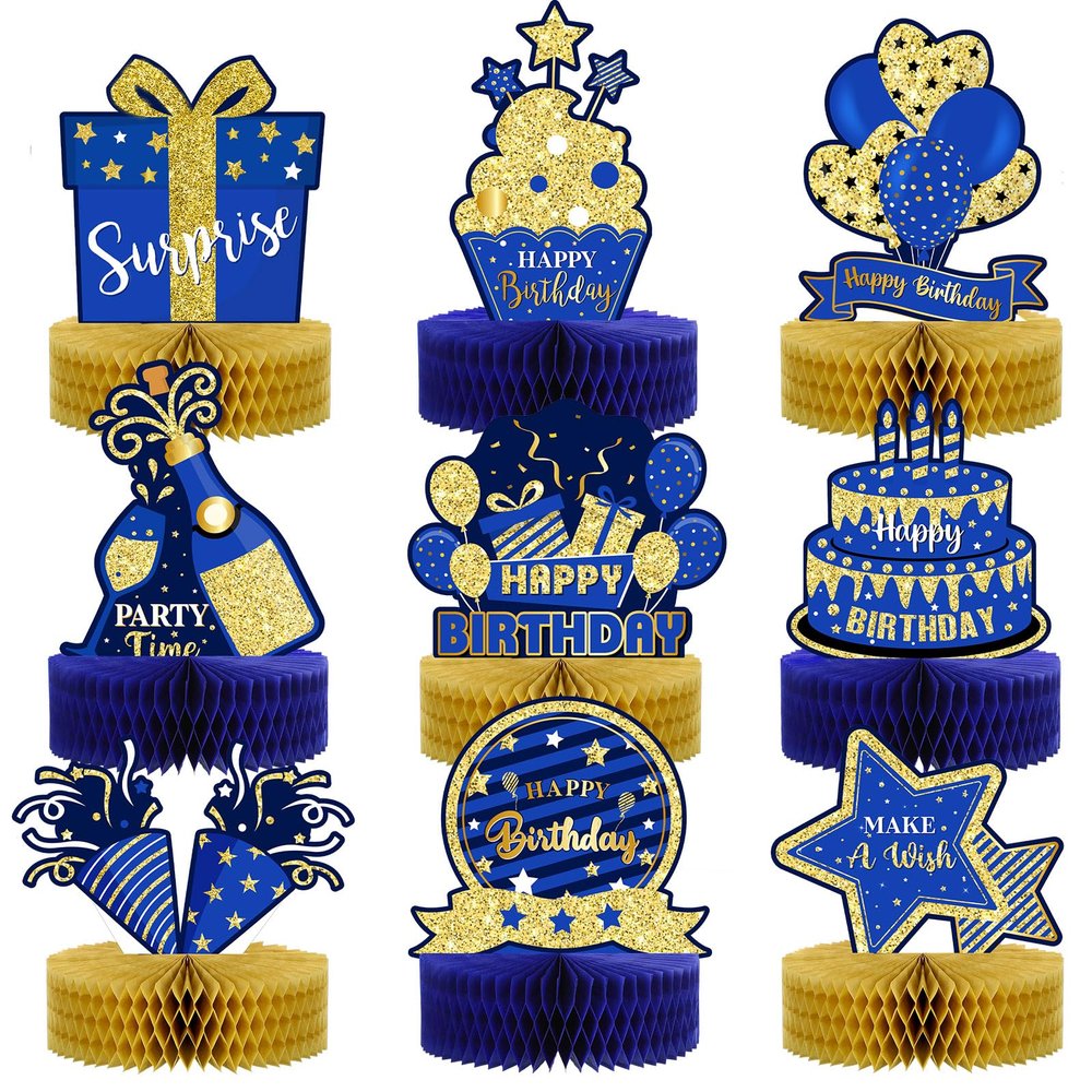 9 Pieces Blue Gold Birthday Table Decorations Happy Birthday Honeycomb Centerpieces Glitter Table Toppers, Blue and Gold Party Decorations for Kids Baby Shower, Men and Woman Party Supplies