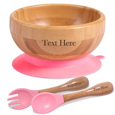 Bamboo Baby Bowl,OXYEFEI Custom Name Baby Suction Bowl with Silicone Spoons Set,BPA Free Bamboo Kids Bowl?Detachable Suction Base Easy to Clean (Pink)