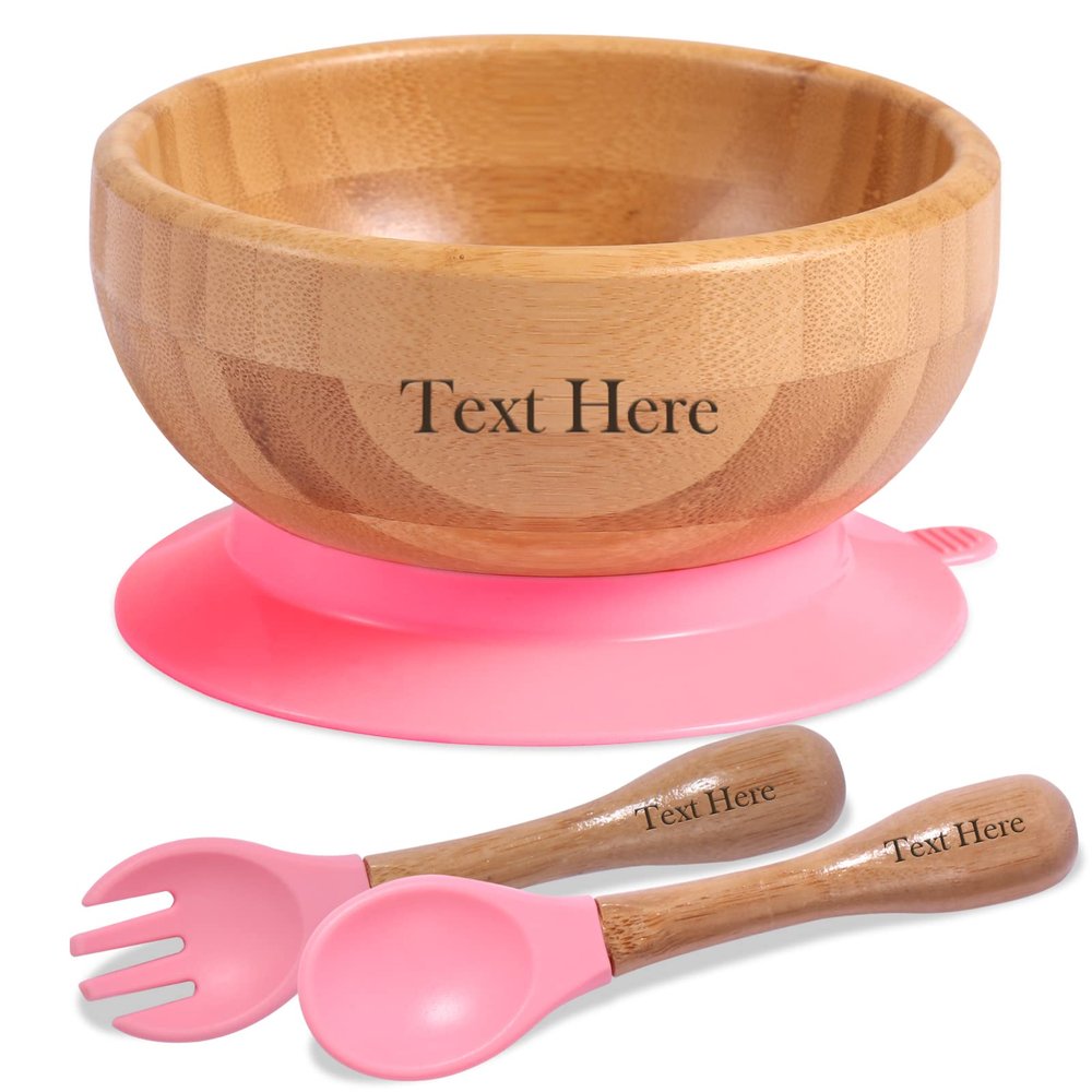 Bamboo Baby Bowl,OXYEFEI Custom Name Baby Suction Bowl with Silicone Spoons Set,BPA Free Bamboo Kids Bowl?Detachable Suction Base Easy to Clean (Pink)