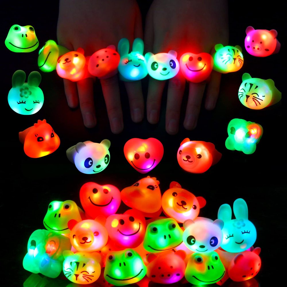CCINEE 24Pcs Light Up Rings Flashing Colorful LED Animal Rubber Bumpy Jelly Rings Glow in Dark Finger Toys for Party Supplies Prizes Novelty Gifts Party Bag Filler