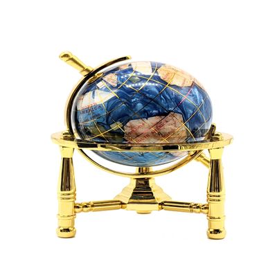 Unique Art Since 1996 6 Inches Tall Pearl Swirl Ocean Mini Table Top Gemstone Globe with Tripod Zinc Alloy Stand (Bahama Blue Gold)