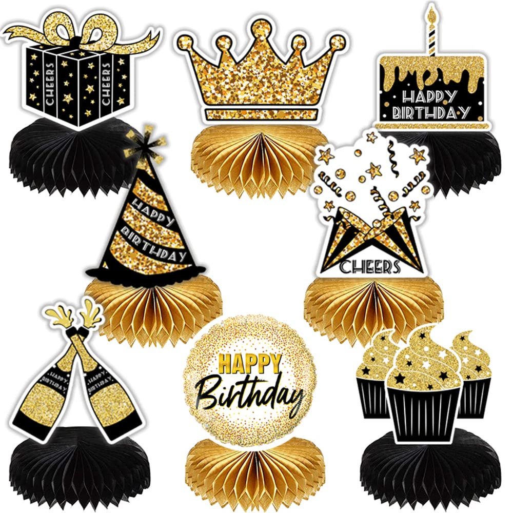 8PCS Birthday honeycomb table centerpieces decorations sets men/women favors gold black Retirement party supplies