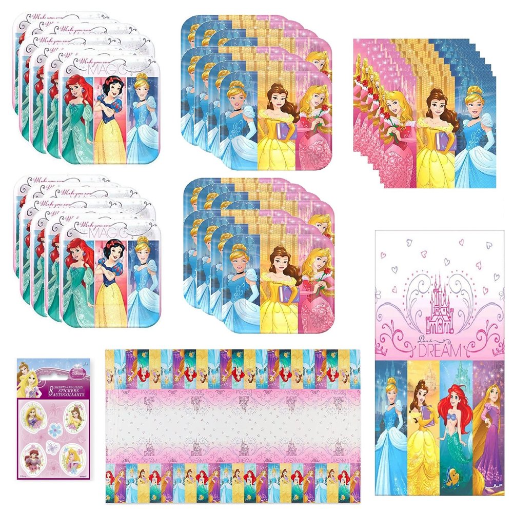 Disney Princess Party Supplies Bundle Pack for 16 includes 16 Dessert Cake Plates, 16 Lunch Plates, 16 Napkins, 1 Table Cover, 8 Sticker Sheets