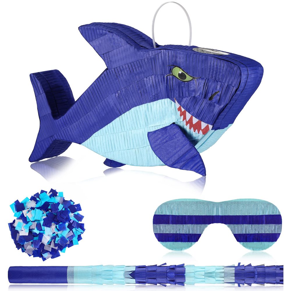 Zhanmai 15.7 Inch Shark Piata Summer Ocean-themed Fish Piata with Blindfold Bat and Round Tissue Paper Small Mexican Shark Party Decor for Birthday Baby Shower Under The Sea Photo Prop Supplies