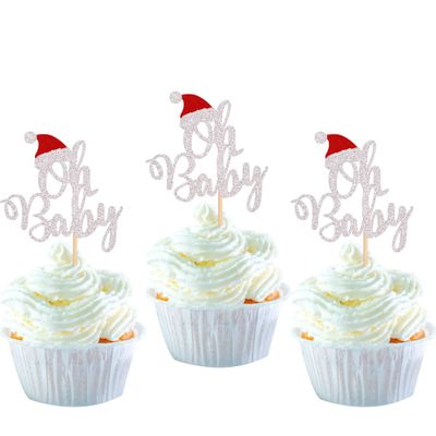 24 Pack Christmas Oh Baby Cupcake Toppers with Christmas Hat Glitter Baby Shower Cupcake Food Picks for Baby Shower Boys Girls Kids Birthday Party Cake Decorations Supplies